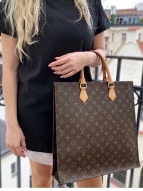 Louis Vuitton Sac Plat Monogram Canvas Tote with Tan Leather Handles